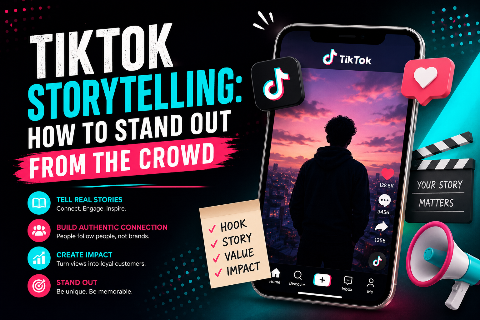TikTok storytelling strategy banner showing creative social media marketing tips to help businesses stand out and grow engagement online.