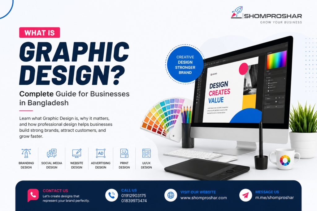 What Is Graphic Design? Complete Guide for Businesses in Bangladesh featuring branding design, social media design, website design, advertising design, UI/UX design, contact information, and Shomproshar (সম্প্রসার) Graphic Design Services.