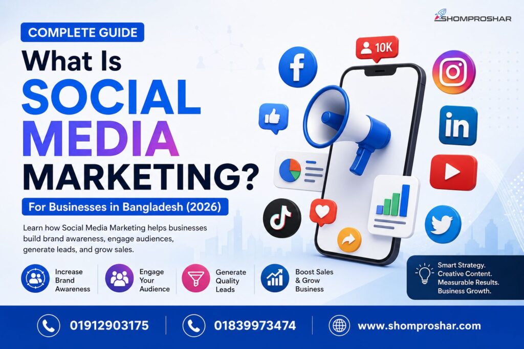 What Is Social Media Marketing? Complete Guide for Businesses in Bangladesh (2026) by Shomproshar, covering Facebook Marketing, Instagram Marketing, LinkedIn Marketing, YouTube Marketing, content strategy, Meta Ads, and business growth.