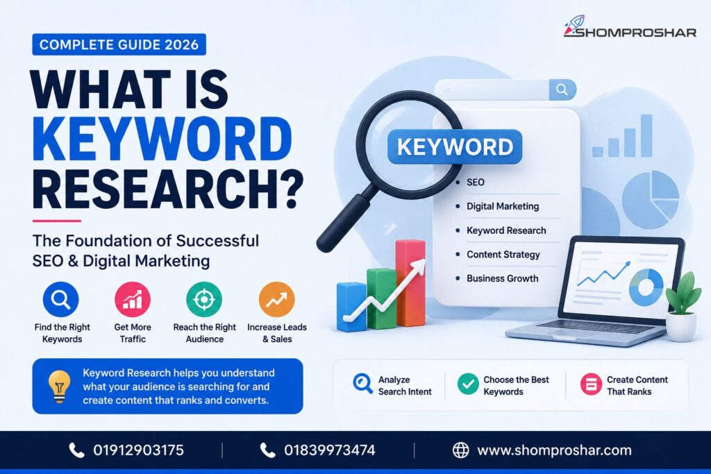 What Is Keyword Research? Complete Guide for Businesses in Bangladesh (2026) by Shomproshar explaining SEO, search intent, keyword analysis, content strategy, and business growth.