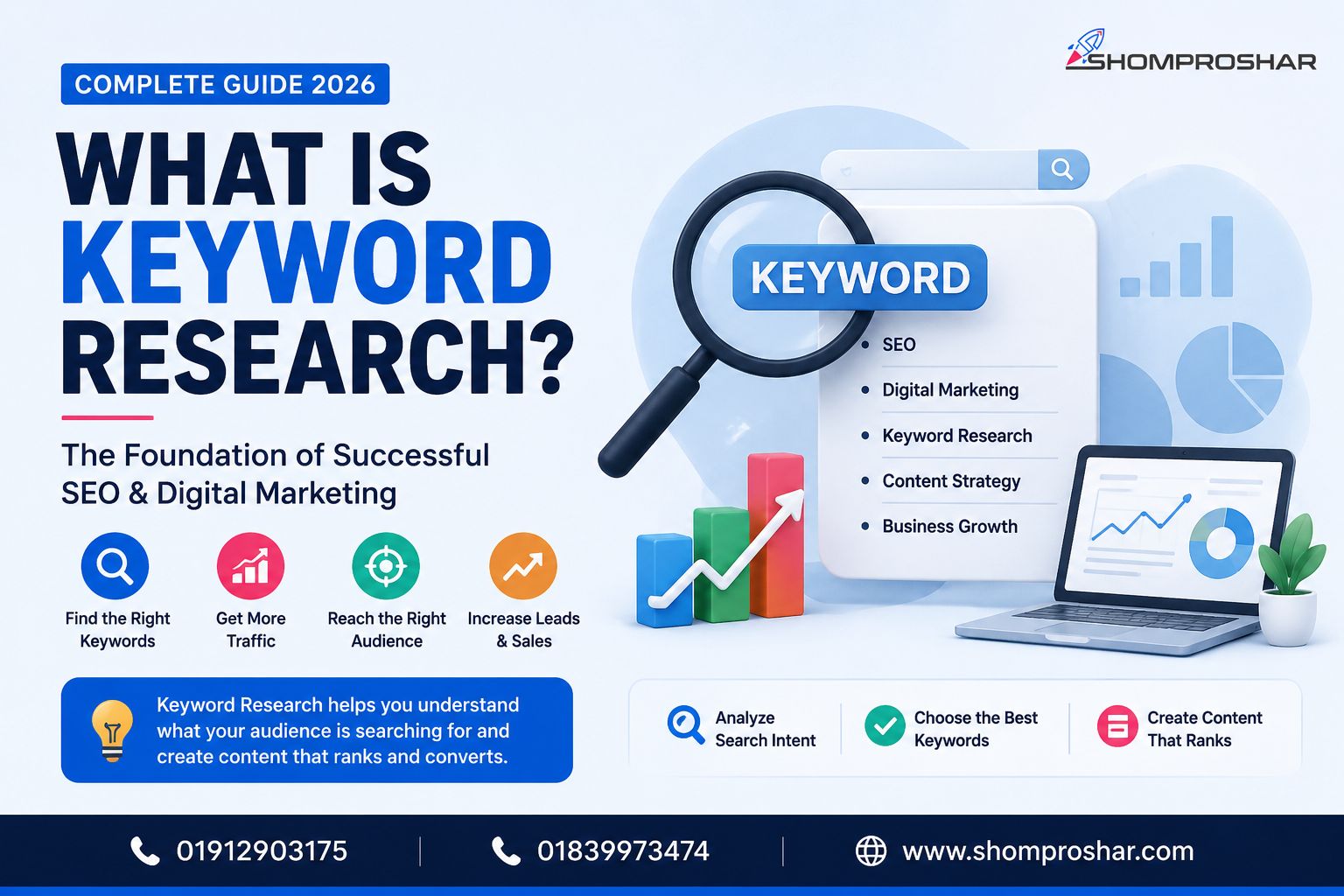 What Is Keyword Research? Complete Guide for Businesses in Bangladesh (2026) by Shomproshar explaining SEO, search intent, keyword analysis, content strategy, and business growth.